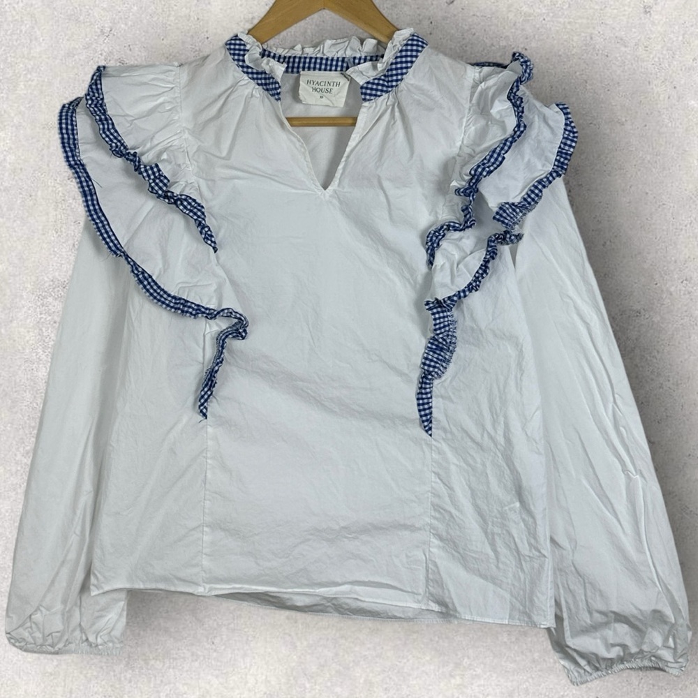 Tuckernuck Hyacinth House Blue Gingham Ruffle Holly Blouse Top Size XS White - Picture 4 of 14